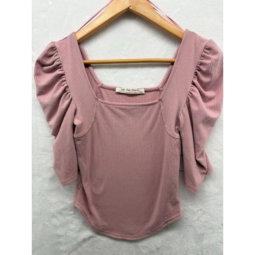 We The Free Top Womens XS Pink Night Lily Puff Ruched Sleeve Ribbed NWT